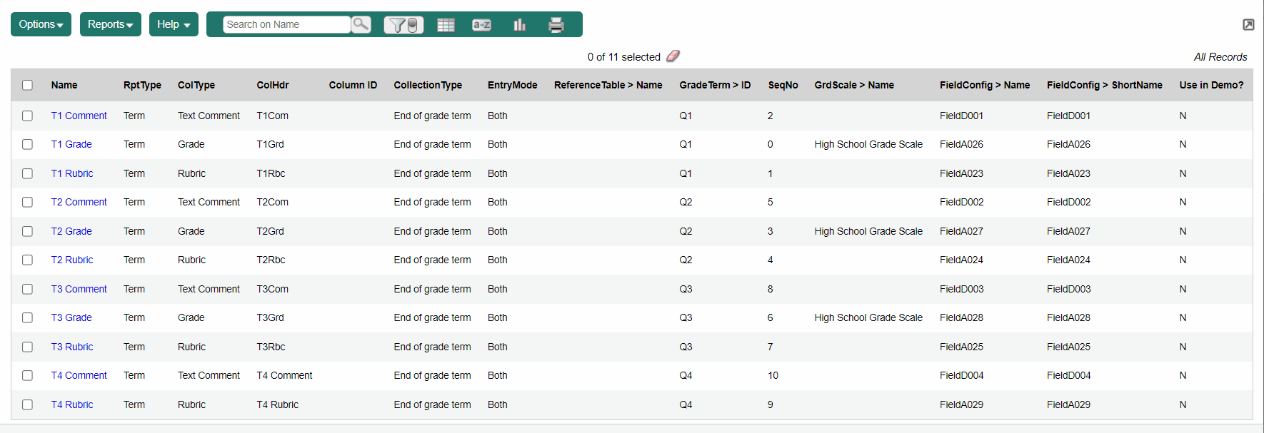 Define the Columns of a Transcript Definition